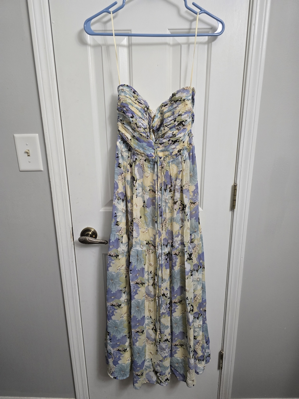 Astr Floral Strapless Maxi Dress in Pastel Yellow & Light Blue